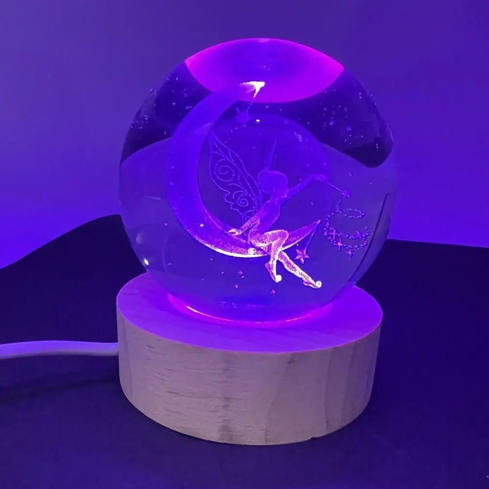 Lighted Tinkerbell Moon Fairy Glass Orb Ball Paperweight Night Light 2.5
